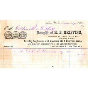 1875 Antique H B Griffing Billhead Farming Implements Machines New York City